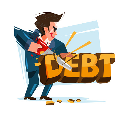 businessman cutting debt icon with his saw.  cut down your debt concept - vector illustration