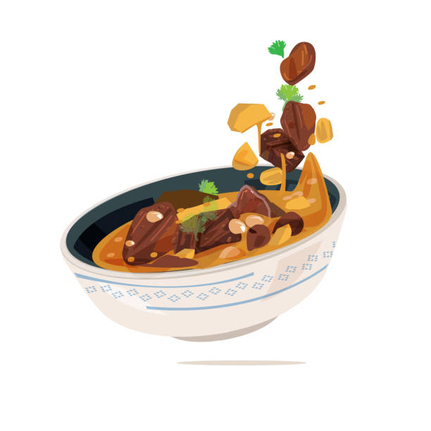 illustrations, cliparts, dessins animés et icônes de massaman curyy servi dans un bol. concept de cuisine thaïlandaise traditionnelle. poste de création - vecteur - red curry beef illustrations