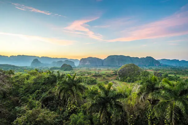 The sunset view of Viñales Valley in Cuba.