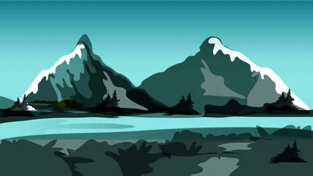 Vector illustration of Digital Landscape vector illustration mountains, rivers, sky