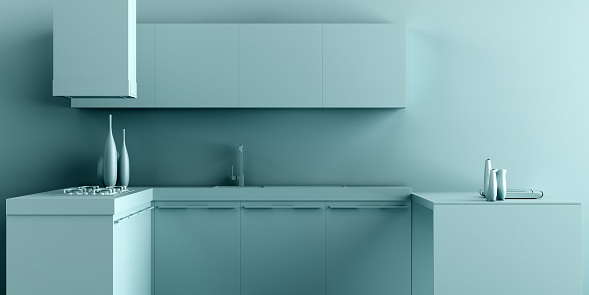 Interior Kitchen Background in Minimalist Monochrome Style - 3d rendering, 3d illustration