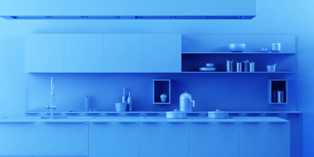 fondo interior cocina minimalista estilo monocromo - monocromo fotografías e imágenes de stock