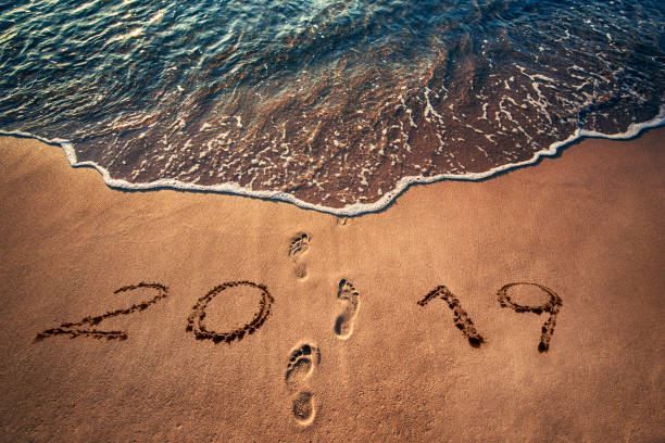 istock Happy New Year 2019 concept written on the beach. Footprints on the sand 1068679820