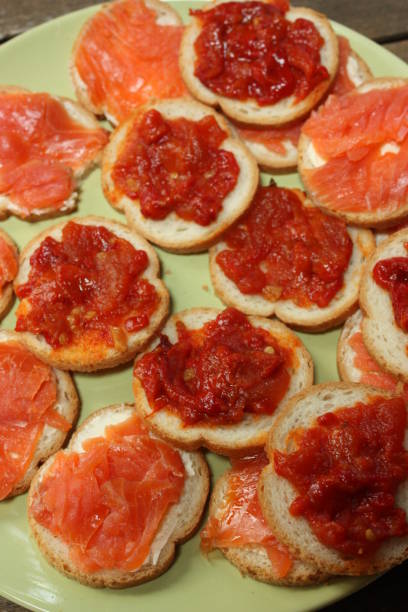 istock Toasts Smoked trout and red pepper grilled buffet lunch 1068679964
