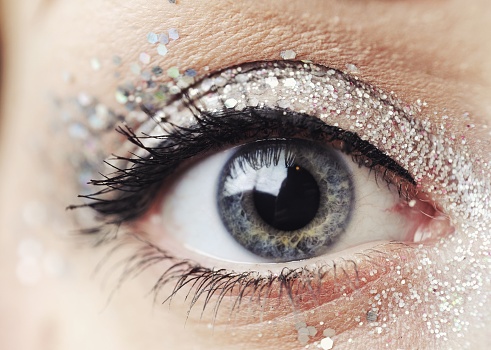 Macro photo of a girl's eye with Glitter makeup and eye shadow, taken in Dundee City, Scotland