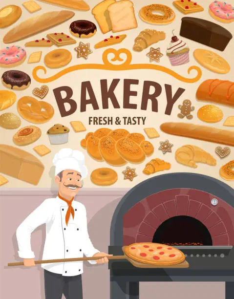 Vector illustration of Bakery shop cakes and baker with pizza