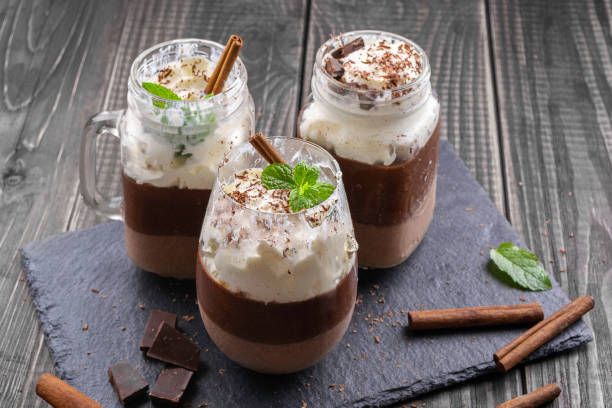 istock Dessert with cinnamon, chocolate and mint. Ice cream. Rustic style 1068682566