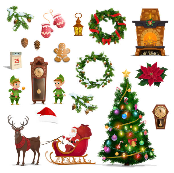 Christmas winter holidays icons with Santa gifts Christmas and New Year vector symbols of winter holidays. Santa, gifts and Xmas tree with bells, candy and balls, red hat, pine wreath and gingerbread, candle, poinsettia, reindeer sleigh and elves poinsettia christmas candle flower stock illustrations