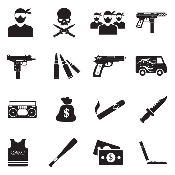 ikony gangu. czarny płaski design. ilustracja wektorowa. - currency crime gun conflict stock illustrations