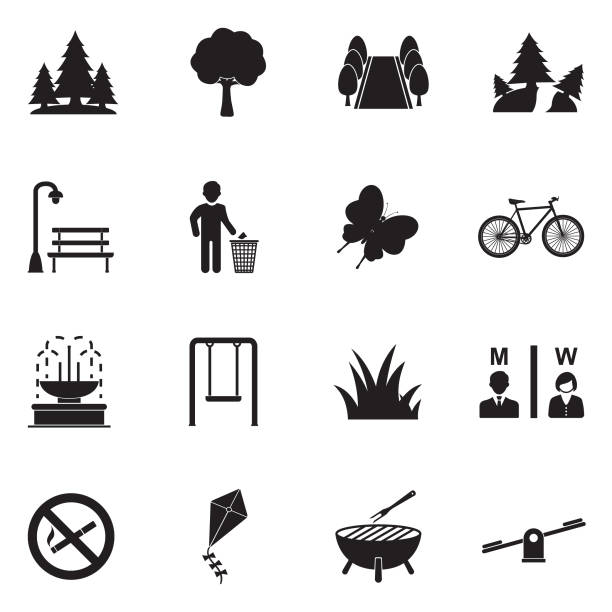 Park And Outdoor Icons. Black Flat Design. Vector Illustration. Park, Walking, Relaxing, Trees, Nature blurred motion people walking stock illustrations