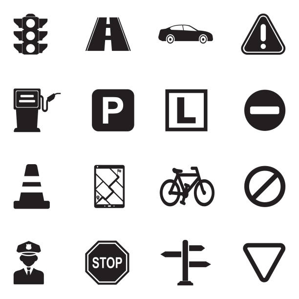 Traffic Icons. Black Flat Design. Vector Illustration. Traffic, Street Sign, Road, Transportation, Vehicles Driveway stock illustrations