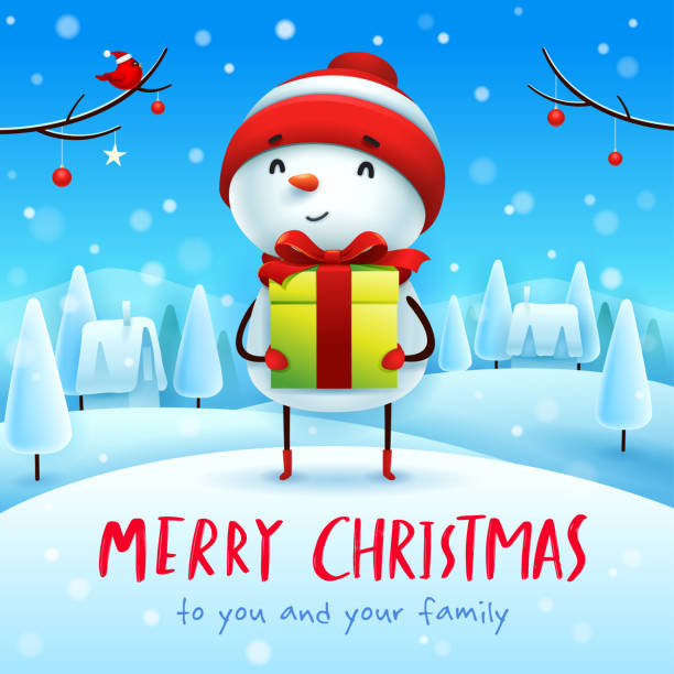 istock Merry Christmas! Cheerful snowman with gift present in Christmas snow scene winter landscape. 1068687658