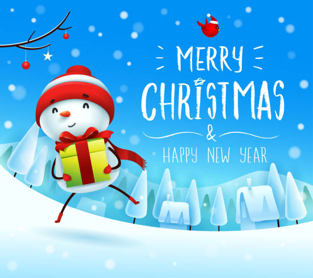 istock Merry Christmas! Cheerful snowman with gift present in Christmas snow scene winter landscape. 1068687680