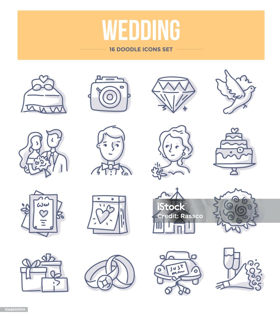 Wedding Doodle Icons Wedding & marriage doodle icons collection. Vector illustrations for website and printing materials Wedding stock vector