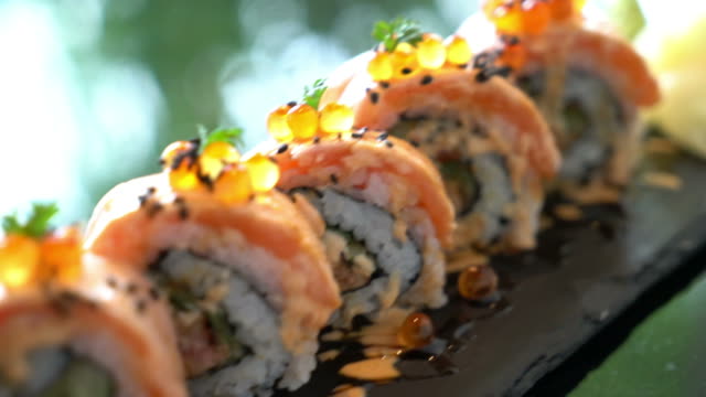 salmon sushi rolls with foie gras