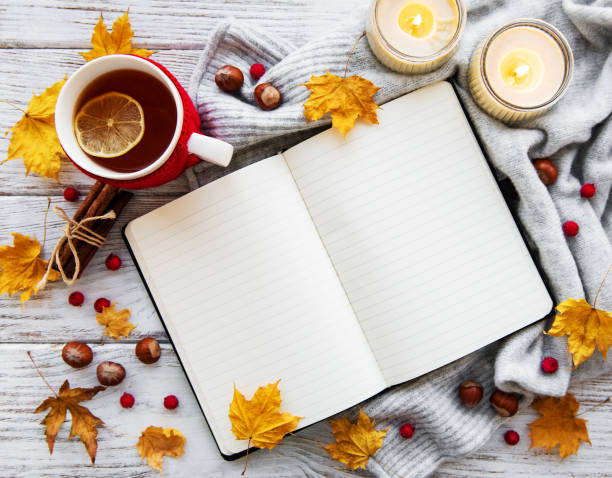 istock autumn flat lay with notebook, cup of tea and leaves 1068698630