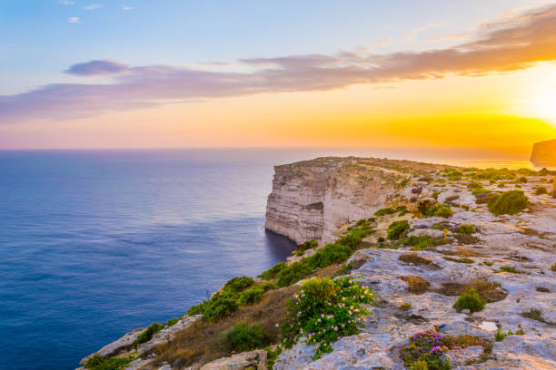 coucher de soleil vue sur les falaises de ta cenc à gozo, malte - 2271 photos et images de collection