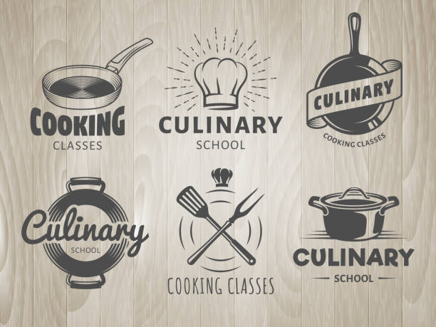 料理用の学校のロゴ - chef cooking food pan点のイラスト素材／クリップアート素材／マンガ素材／アイコン素材