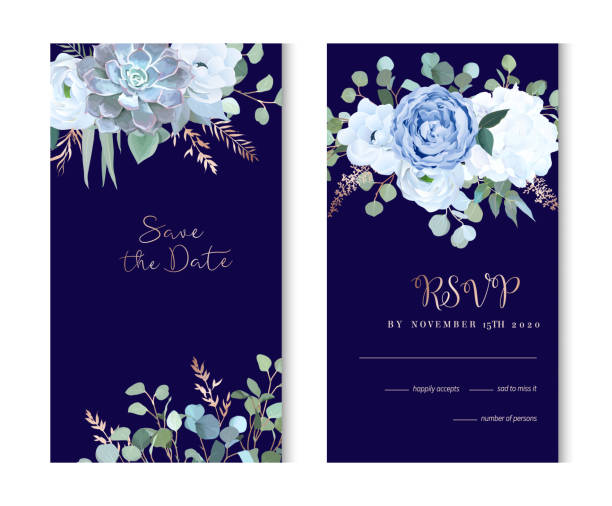Dusty blue rose, echeveria succulent, hydrangea, ranunculus, anemone Dusty blue rose, echeveria succulent, hydrangea, ranunculus, anemone, eucalyptus, juniper, brunia vector design navy frames. Wedding flower card.Floral border, rose pink branch. Isolated and editable golden roses stock illustrations