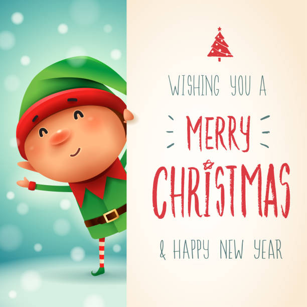 Little Elf with big signboard. Merry Christmas calligraphy lettering design. Creative typography for holiday greeting. Little Elf with big signboard. Merry Christmas calligraphy lettering design. Creative typography for holiday greeting. elf stock illustrations
