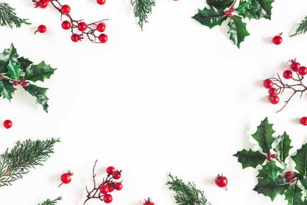 istock Christmas composition. Frame made of christmas plants on white background. Flat lay, top view, copy space 1068723758