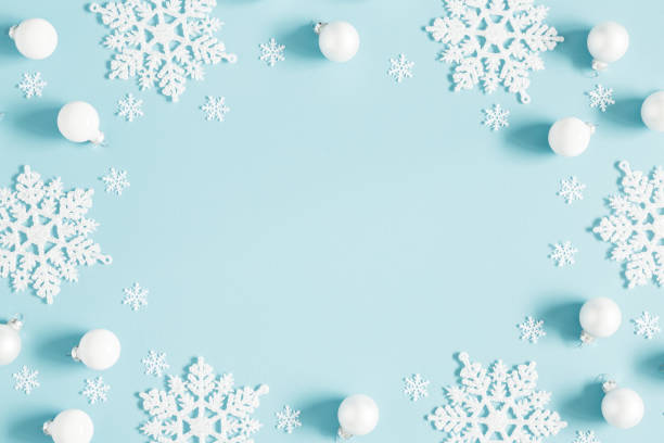 istock Christmas or winter composition. Pattern made of white balls and snowflakes on pastel blue background. Christmas, winter, new year concept. Flat lay, top view, copy space 1068724134