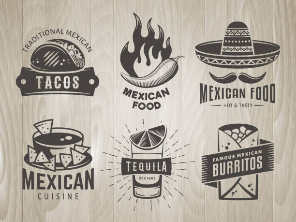illustrazioni stock, clip art, cartoni animati e icone di tendenza di distintivi di cibo messicano su sfondo vintage in legno - chili pepper illustrations