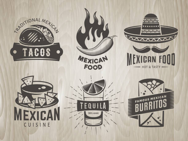 ilustrações de stock, clip art, desenhos animados e ícones de mexican food badges on vintage wooden background - chili pepper illustrations