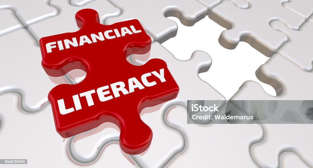 Financial literacy. The inscription on the missing element of the puzzle Folded white puzzles elements and one red with word FINANCIAL LITERACY. 3D Illustration Financial Literacy Stock Photo