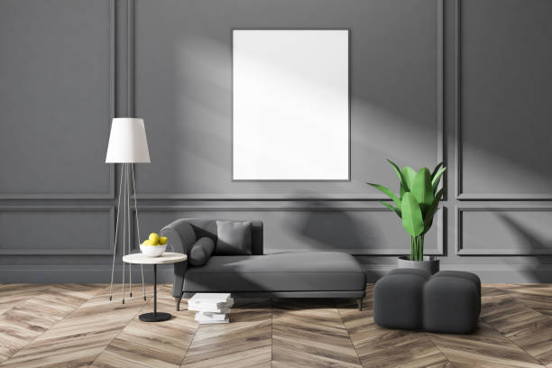 istock Gray living room, gray sofa and poster 1068743064