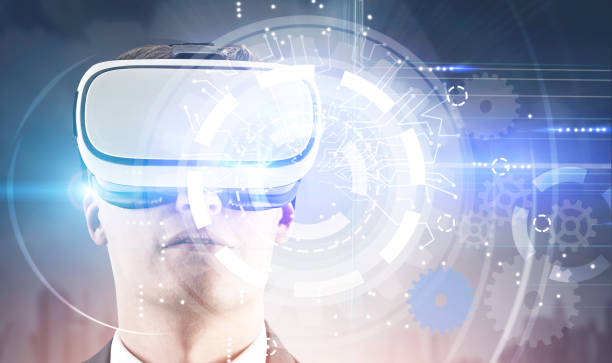 istock Man in VR glasses, HUD and cogs over cityscape 1068743132