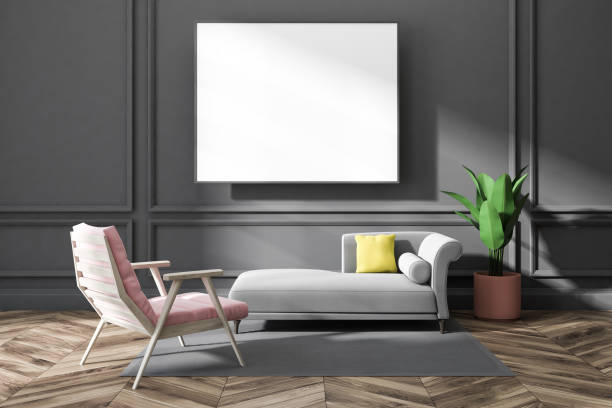 istock Gray living room, gray sofa and poster 1068743416