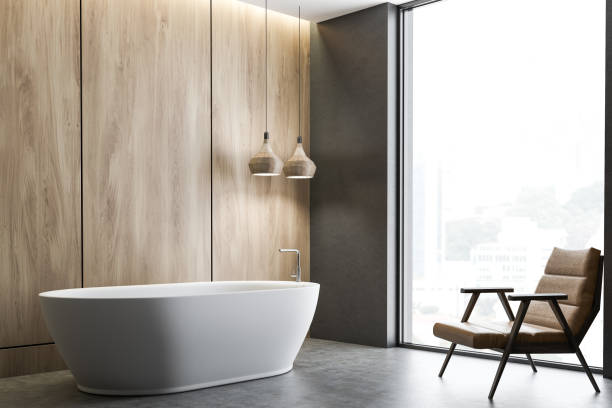 istock Wooden bathroom corner, white tub 1068743462