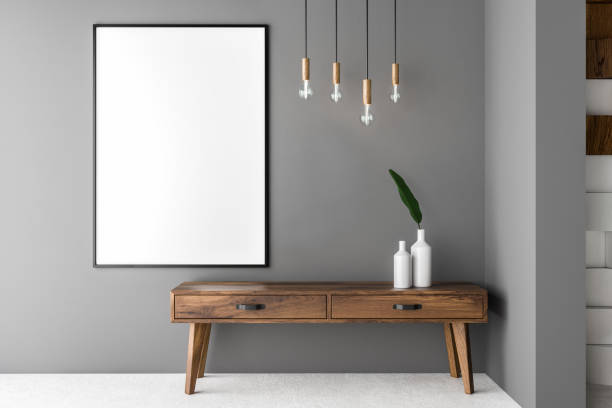 istock Gray living room, cabinet and poster 1068743540