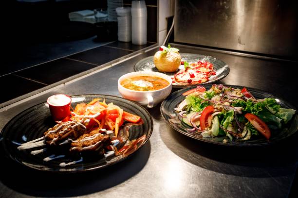 dishes in the kitchen in the restaurant