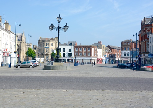Boston, United Kingdom - May 20, 2018: Boston town centre on a sunny day, Boston, multiple people can be seen, Boston, Lincolnshire, England, UK