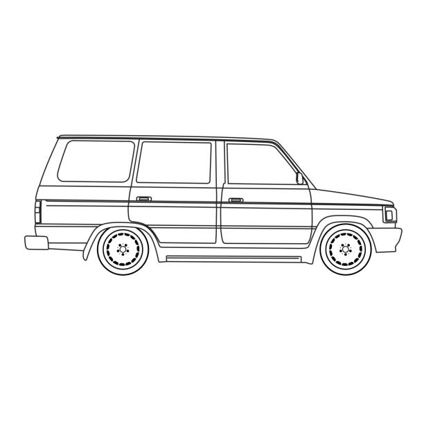 MPV Car Realistic Outline Shape Toyota kijang, 90s Indonesian most popular MPV car outline shape drawing in center angle side view kijang stock illustrations