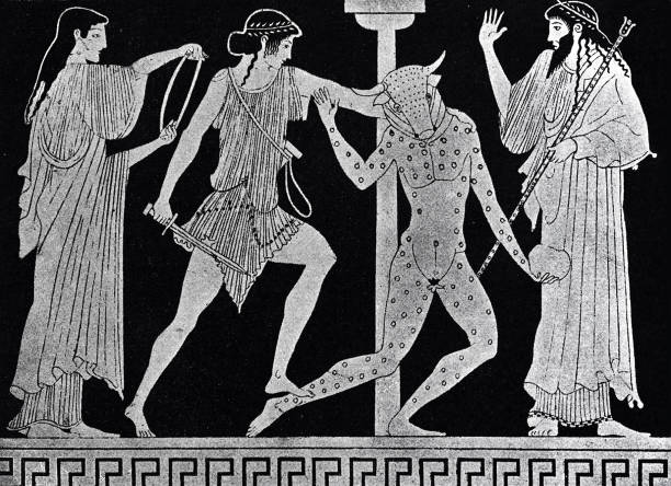 Theseus fighting against the minotaur Illustration from 19th century theseus and the minotaur stock illustrations