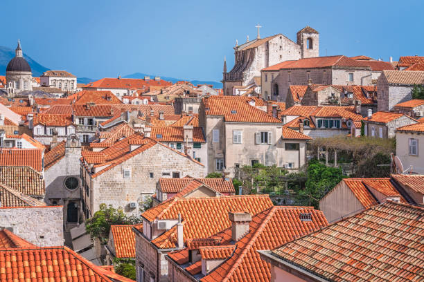View of the old houses in Dubrovnik, as seen from the Old Town fortified walls