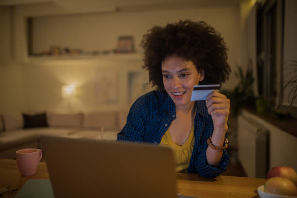 istock Woman within credit card using laptop 1068763070