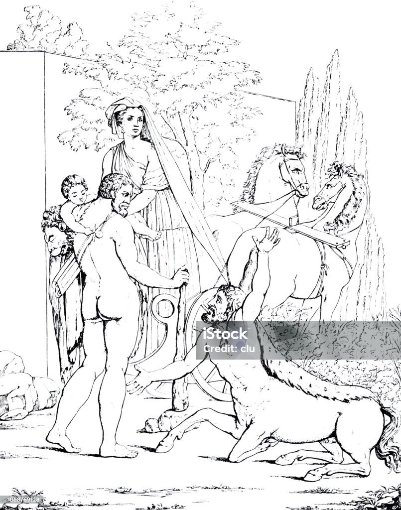 Heracles and Nessos Illustration from 19th century 19th Century stock illustration