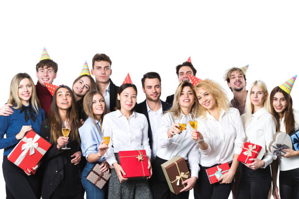 istock Group of people having a party with gift boxes. 1068770474