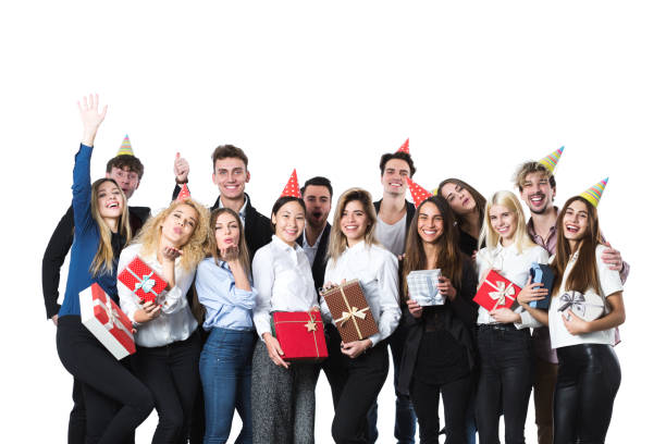 istock Group of people having a party with gift boxes. 1068770608
