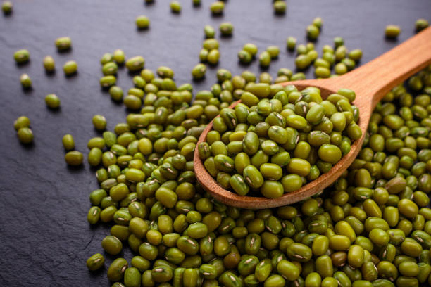 istock fresh Mung beans on a dark stone background 1068772630