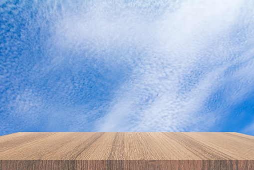 shelves wood floor top empty with blue sky cloud vivid background art of nature beautiful for present your products