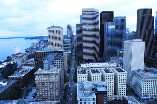 istock Aerial Seattle, Washington skyline at dusk 1068784370