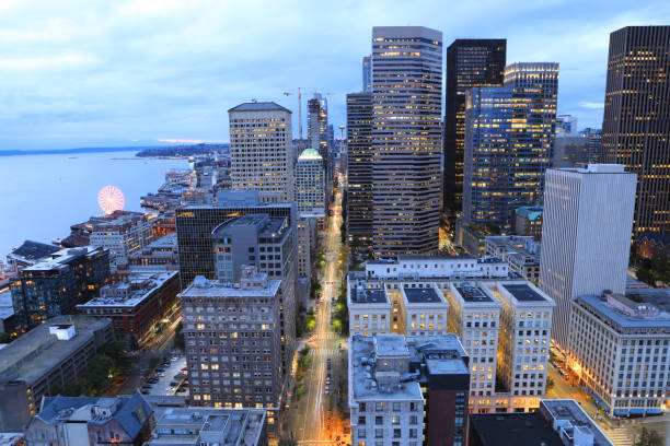 istock Aerial Seattle, Washington skyline at twilight 1068785274
