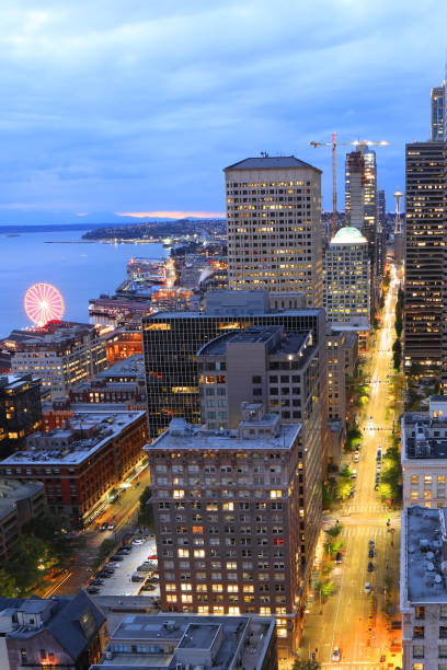 istock Vertical aerial Seattle, Washington skyline at dusk 1068785406