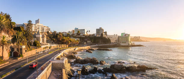 Panoramic aerial view of Vina del Mar skyline at sunset - Vina del Mar, Chile Panoramic aerial view of Vina del Mar skyline at sunset - Vina del Mar, Chile vina del mar chile stock pictures, royalty-free photos & images