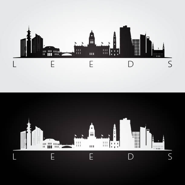 illustrazioni stock, clip art, cartoni animati e icone di tendenza di skyline di leeds e silhouette di punti di riferimento, design in bianco e nero, illustrazione vettoriale. - leeds england uk city famous place